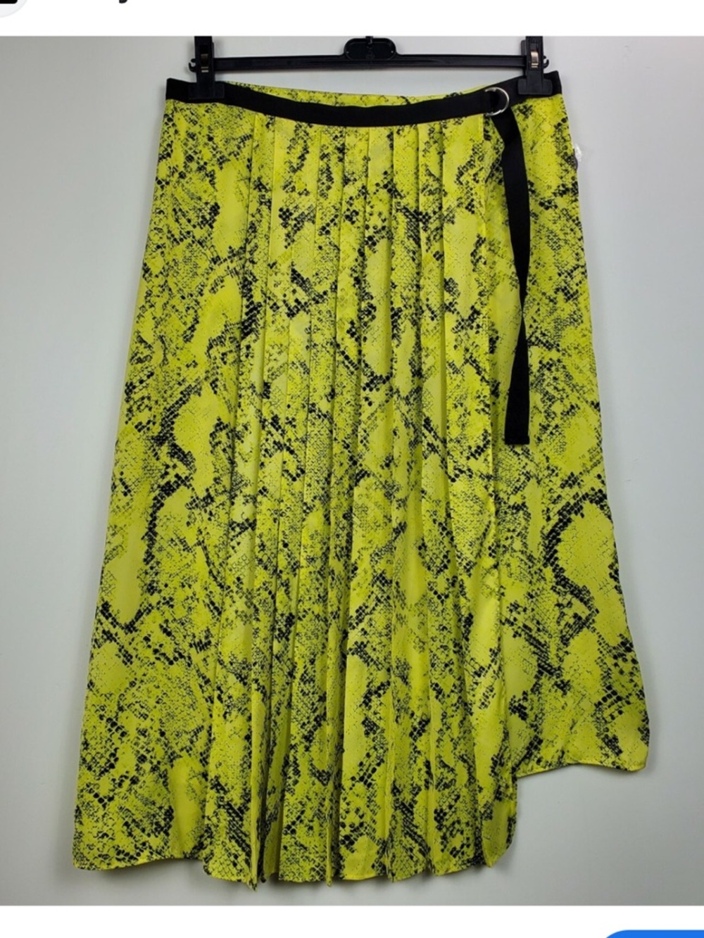 Worthington Neon Yellow Snake-Print Pleated Midi Skirt with Black Waist Tie